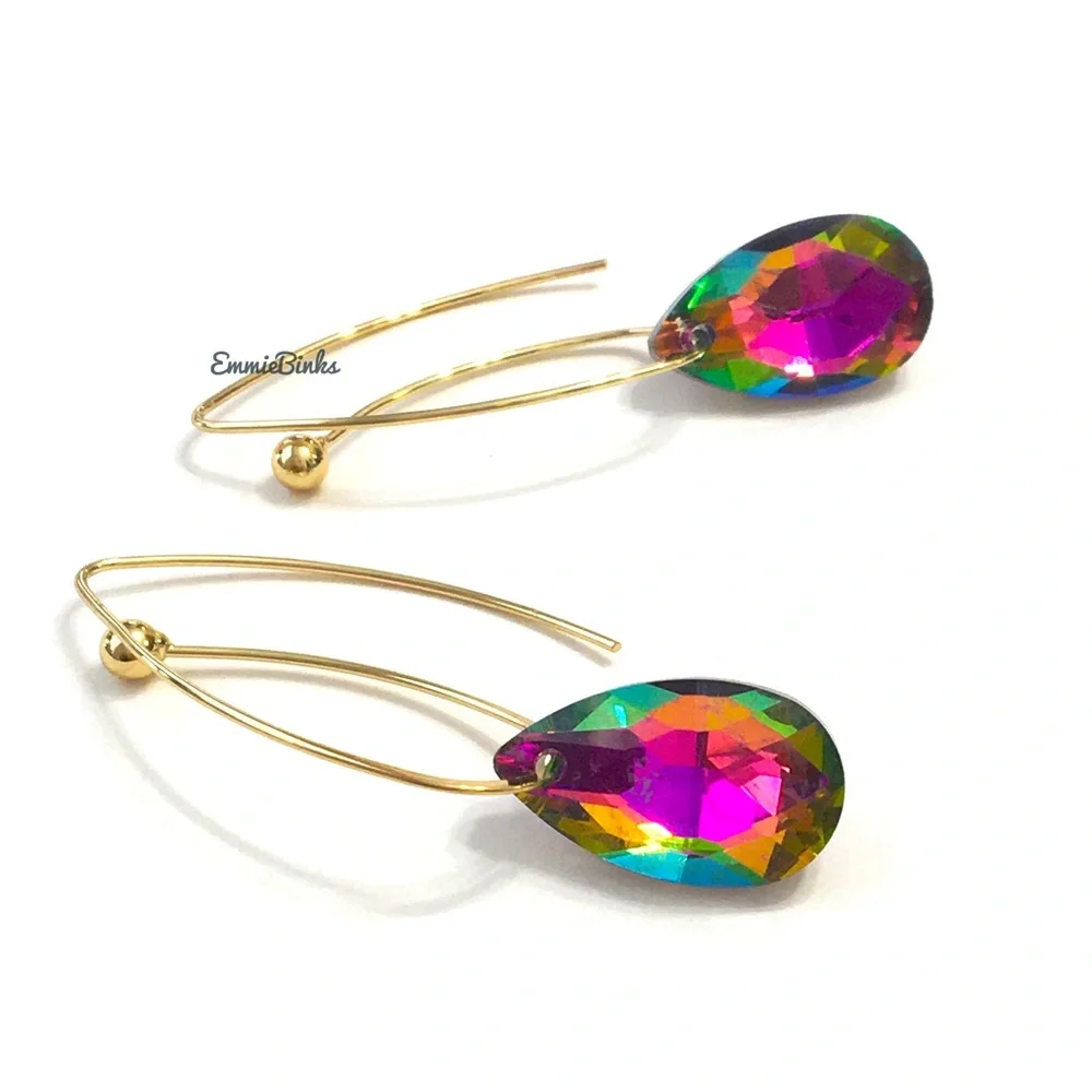 💥3/$28 New MultiColored Dimensional Rainbow Crystal Bead Drop Threader Earrings - Picture 1 of 15
